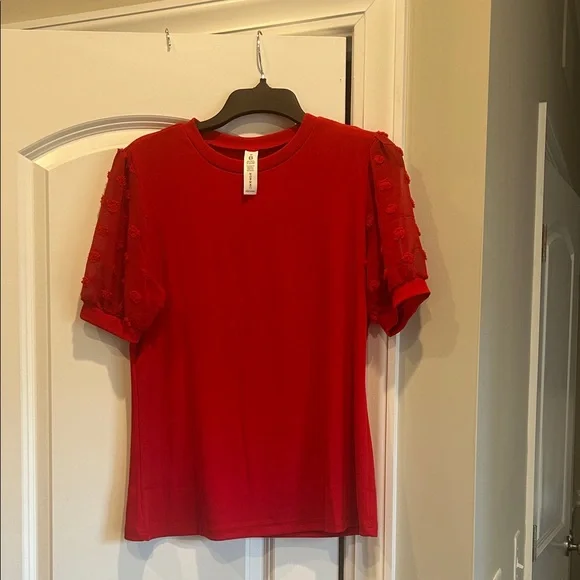 Red Women's Top with Textured Sleeves - Picture 1 of 3